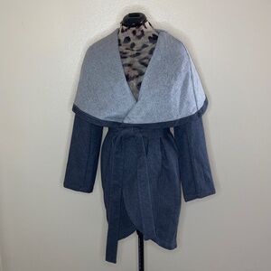 H by Halston Gray Large Shawl Collar Wool Wrap Belted Tie Trench Coat 12 Large